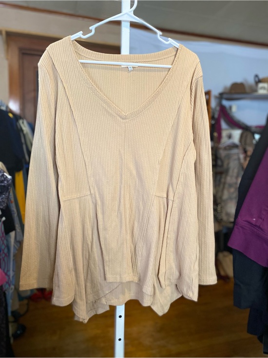 Maurices Tops - Maurices Ribbed V-Neck Long Sleeve Lacey Top- Beige